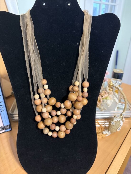 Jewelry - NECKLACE OF WOODEN BEADS ON CHIFFON STRAPS - PERFECT FOR SUMMER